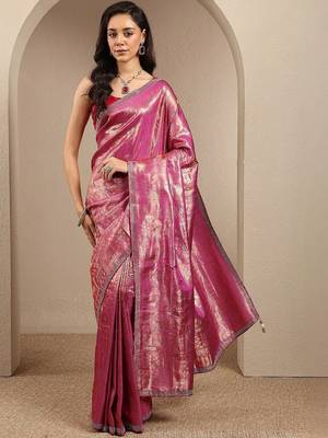 pink woven design banarsi saree with unstitched blouse piece 2