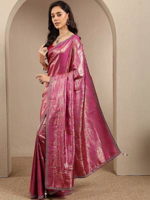 pink woven design banarsi saree with unstitched blouse piece 3