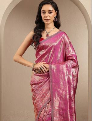 pink woven design banarsi saree with unstitched blouse piece 5