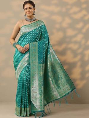 turquoise blue embellished banarasi saree with unstitched blouse piece 1
