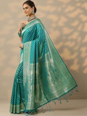 turquoise blue embellished banarasi saree with unstitched blouse piece 2