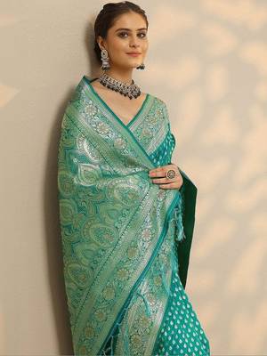 turquoise blue embellished banarasi saree with unstitched blouse piece 3