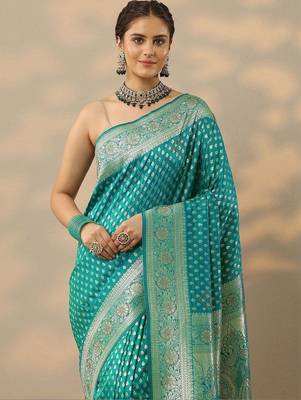turquoise blue embellished banarasi saree with unstitched blouse piece 4