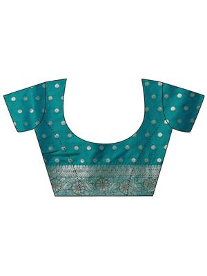 turquoise blue embellished banarasi saree with unstitched blouse piece 5
