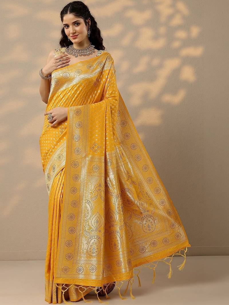 yellow woven design banarsi saree with unstitched blouse piece