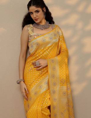 yellow woven design banarsi saree with unstitched blouse piece 2