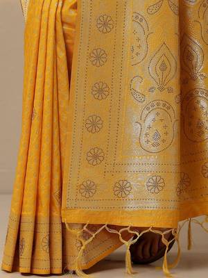 yellow woven design banarsi saree with unstitched blouse piece 3