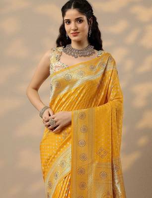 yellow woven design banarsi saree with unstitched blouse piece 5