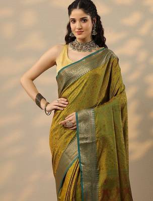 olive woven design banarasi saree with unstitched blouse piece 1