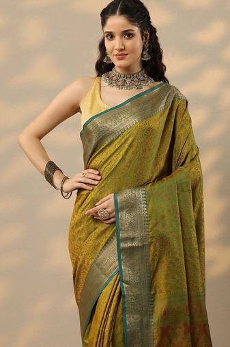 olive woven design banarasi saree with unstitched blouse piece