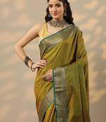 olive woven design banarasi saree with unstitched blouse piece