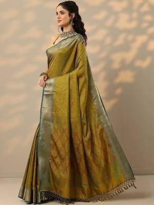 olive woven design banarasi saree with unstitched blouse piece 2