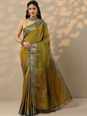 olive woven design banarasi saree with unstitched blouse piece 4