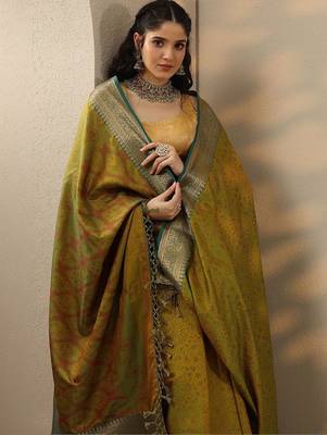 olive woven design banarasi saree with unstitched blouse piece 5