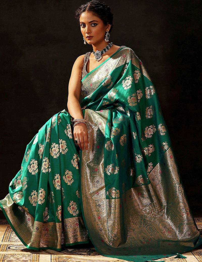 green woven design saree with unstitched blouse piece