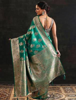 green woven design saree with unstitched blouse piece 5