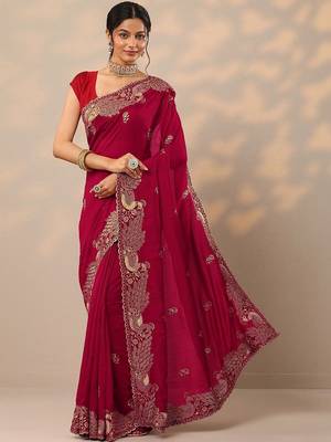 magenta embroidered sarees with unstitched blouse piece 1