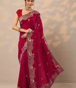 magenta embroidered sarees with unstitched blouse piece