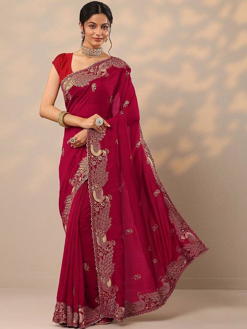 magenta embroidered sarees with unstitched blouse piece