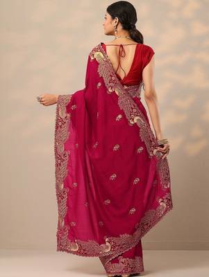 magenta embroidered sarees with unstitched blouse piece 4