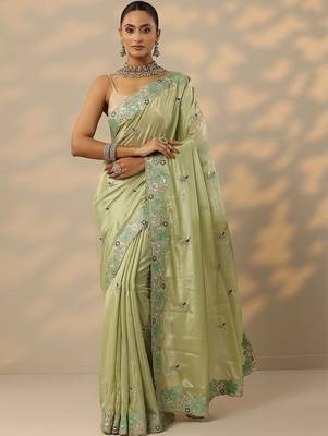 lime green embellished georgette saree with unstitched blouse piece 1