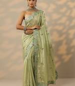 lime green embellished georgette saree with unstitched blouse piece