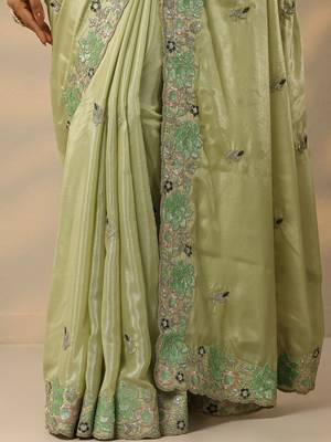 lime green embellished georgette saree with unstitched blouse piece 3