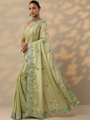 lime green embellished georgette saree with unstitched blouse piece 5