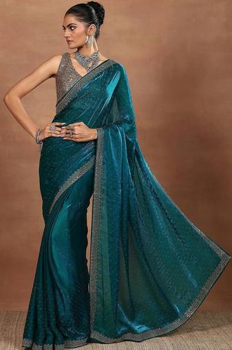 teal embellished organza sarees with unstitched blouse piece