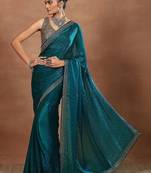 teal embellished organza sarees with unstitched blouse piece