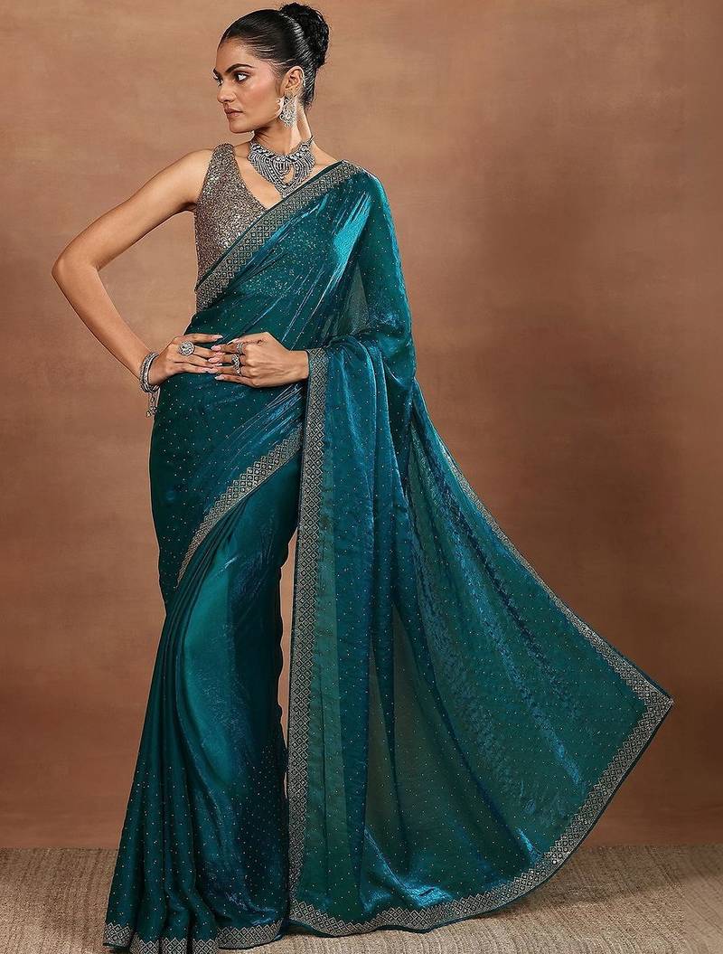 teal embellished organza sarees with unstitched blouse piece