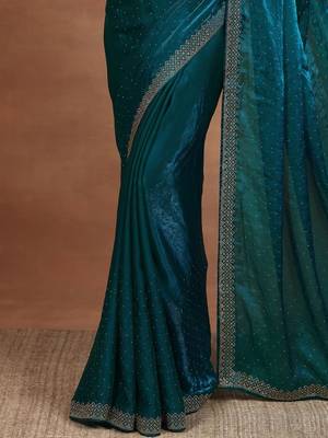 teal embellished organza sarees with unstitched blouse piece 2