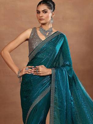 teal embellished organza sarees with unstitched blouse piece 3