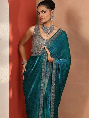 teal embellished organza sarees with unstitched blouse piece 5