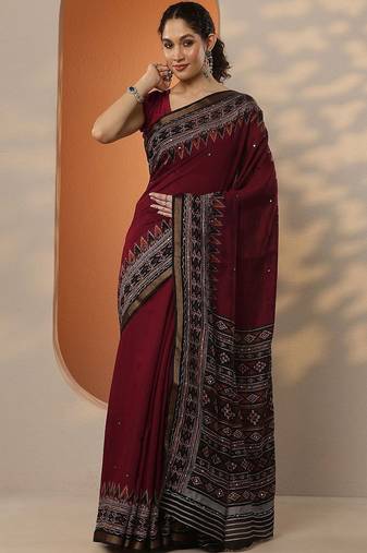 maroon solid saree with unstitched blouse piece