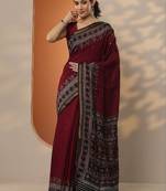 maroon solid saree with unstitched blouse piece