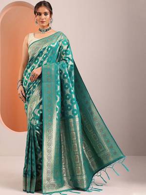 teal woven design banarasi silk blend saree with unstitched blouse piece 2