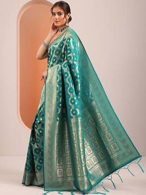 teal woven design banarasi silk blend saree with unstitched blouse piece 3
