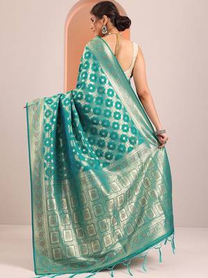 teal woven design banarasi silk blend saree with unstitched blouse piece 4