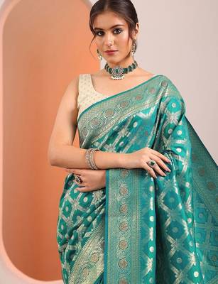 teal woven design banarasi silk blend saree with unstitched blouse piece 5