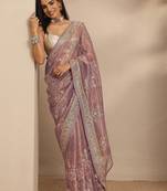 lavender embroidered nylon saree with unstitched blouse piece