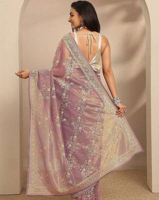 lavender embroidered nylon saree with unstitched blouse piece 2