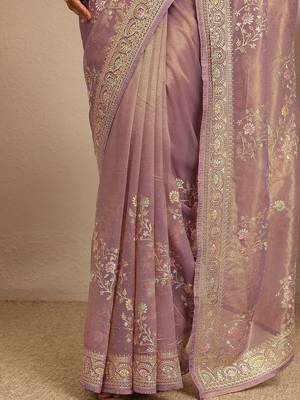lavender embroidered nylon saree with unstitched blouse piece 4
