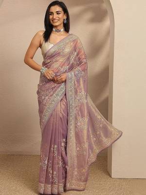 lavender embroidered nylon saree with unstitched blouse piece 5
