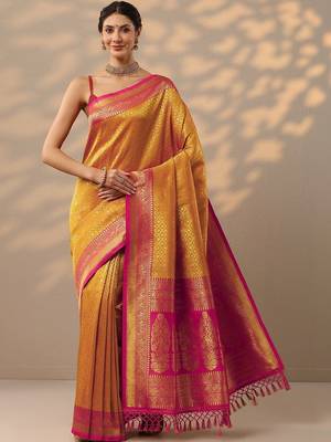 mustard woven design kanjeevaram saree with unstitched blouse piece 1