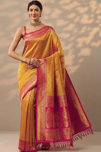 mustard woven design kanjeevaram saree with unstitched blouse piece