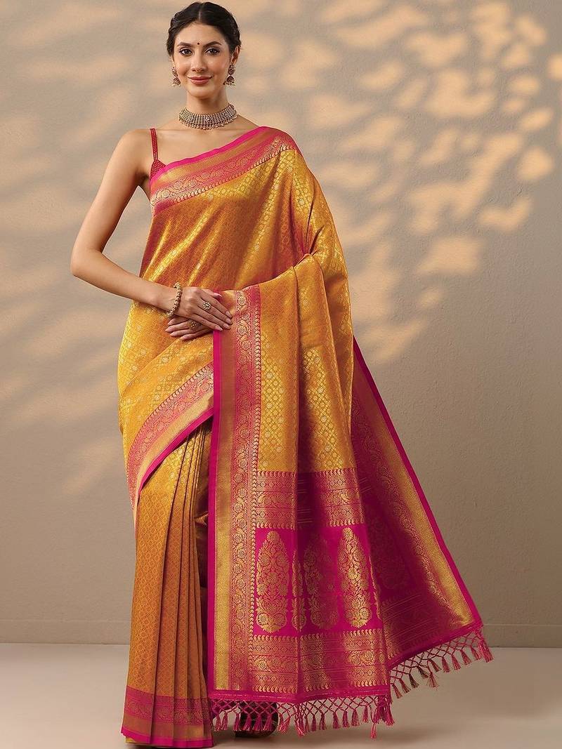 mustard woven design kanjeevaram saree with unstitched blouse piece