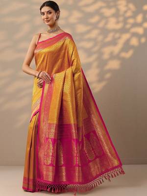 mustard woven design kanjeevaram saree with unstitched blouse piece 2