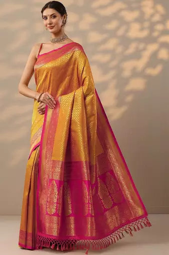 mustard woven design kanjeevaram saree with unstitched blouse piece