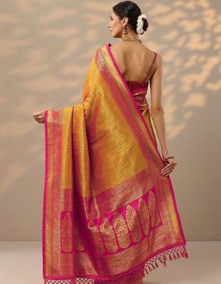 mustard woven design kanjeevaram saree with unstitched blouse piece 3